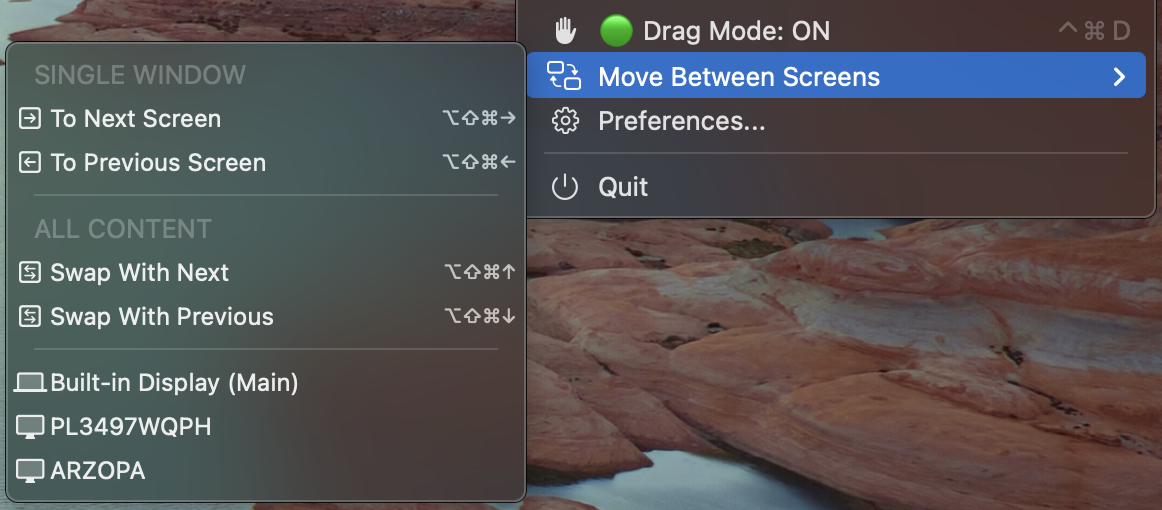 MacTiler 多螢幕選單顯示螢幕間移動和交換顯示器選項